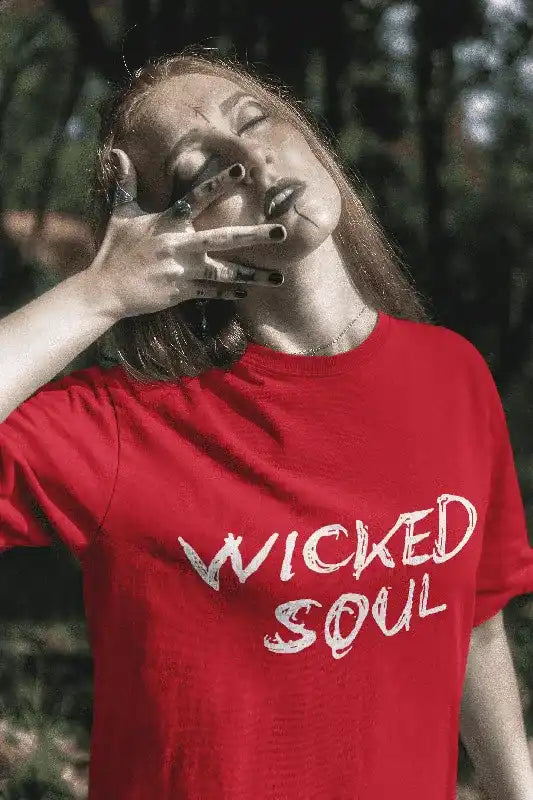Red t-shirt with white lettering.